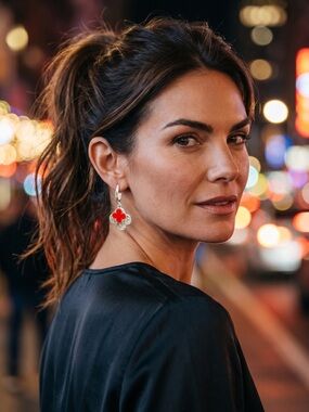 ♥️Silver-Tone Huggie Hoops w/Red Enamel Clover Over Crystal Clover/NIP♥️